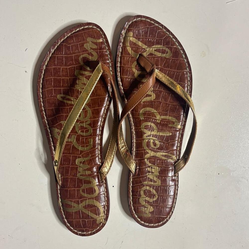 Sam Edelman Metallic Gold & Brown Croc Embossed Leather Sandals Flip Flops 7.5